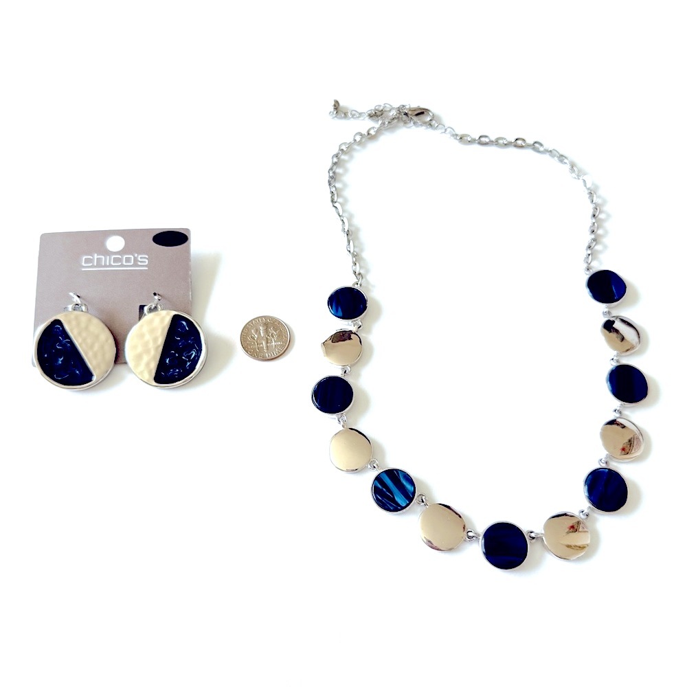 CHICO’s | NWT | Silver & Marbleized Navy Enamel Dot Necklace & Earring Set ✨ - Picture 6 of 9